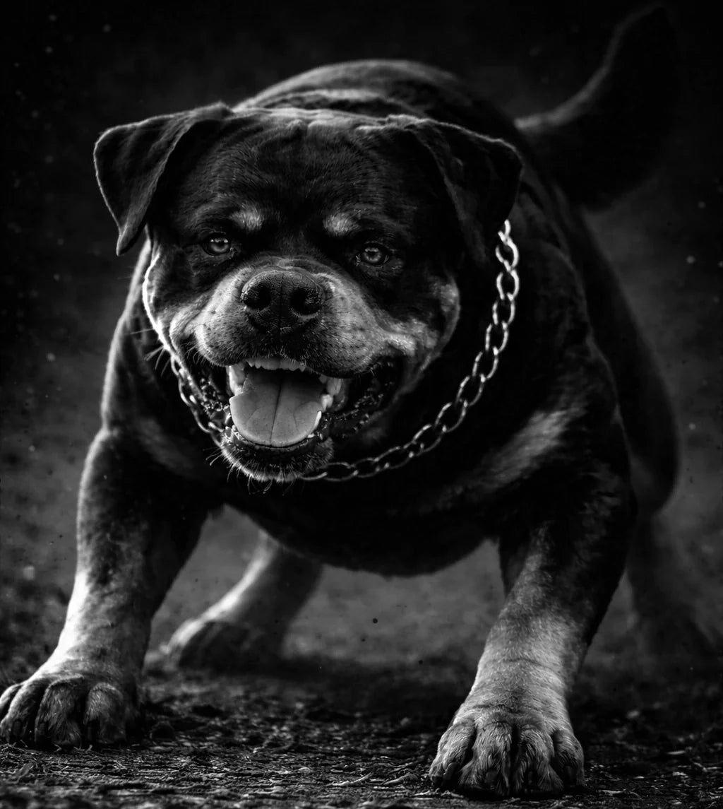 Knurrender Rottweiler mit gefletschten Zähnen in Nahaufnahme