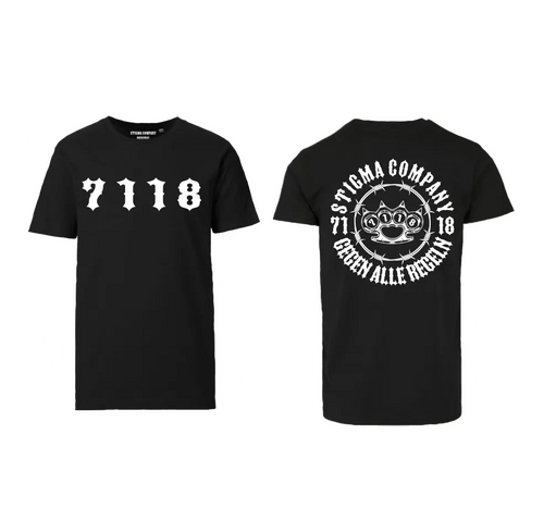 Schwarzes T-Shirt von Stigma Company mit „7118“-Print auf der Brust und großem Rückenmotiv „Stigma Company – Gegen alle Regeln“ mit Schlagring-Grafik